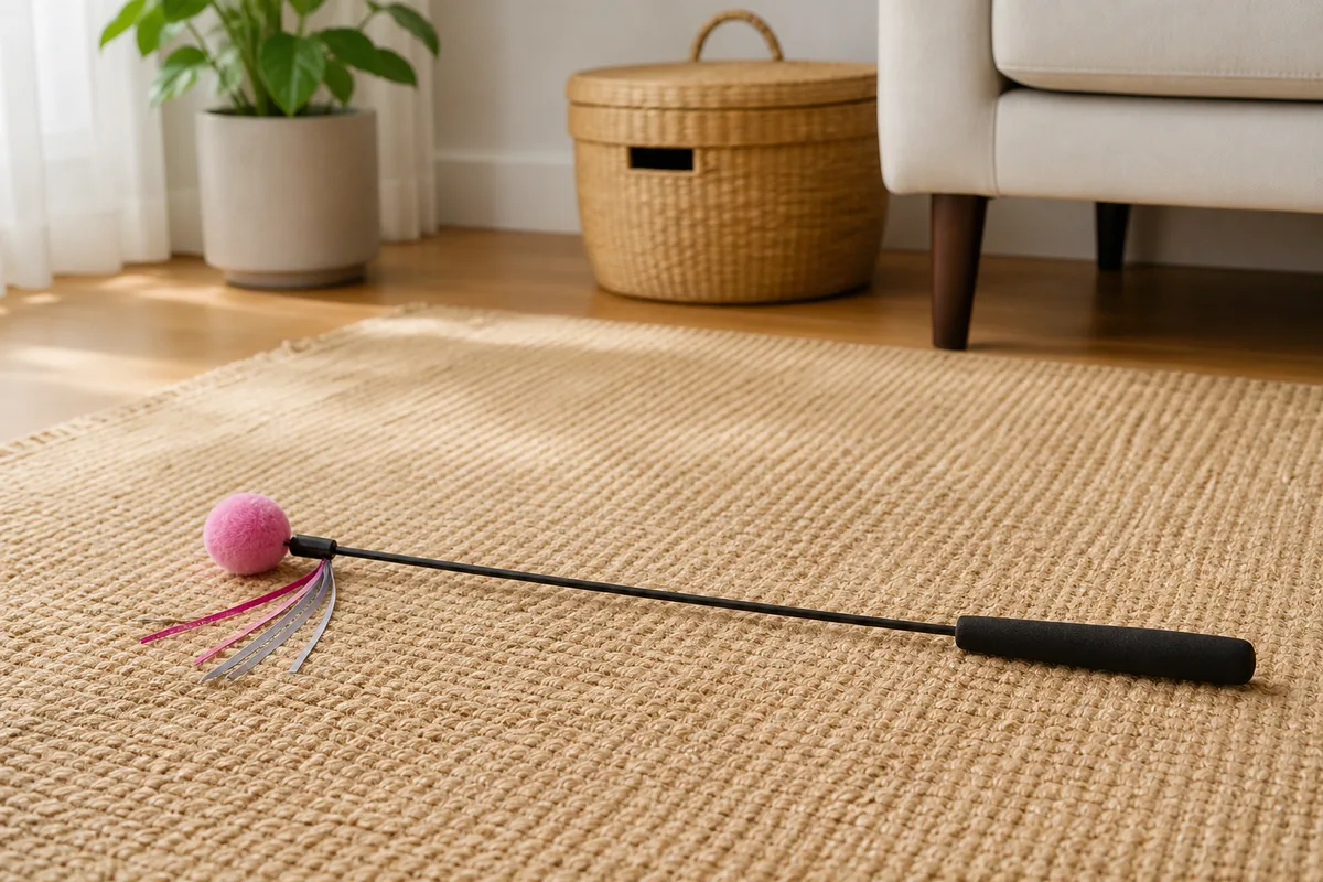 Generic cat wand toy arranged on a rug for supervised chase play