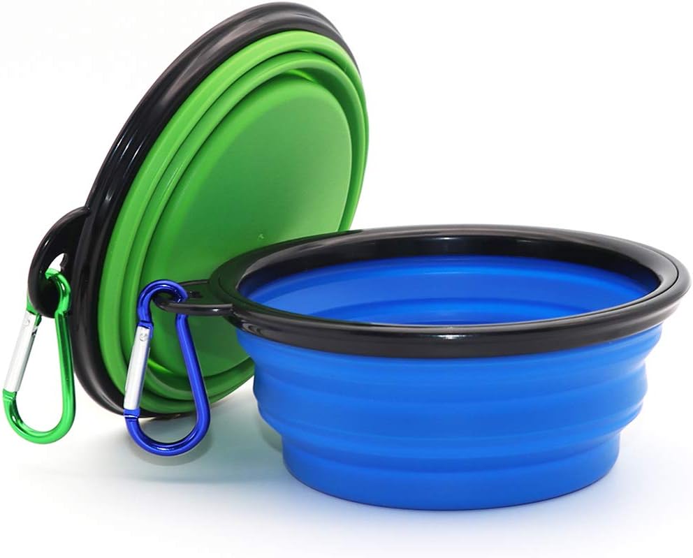 COMSUN blue and green collapsible silicone pet bowls with carabiner clips for walks and day trips