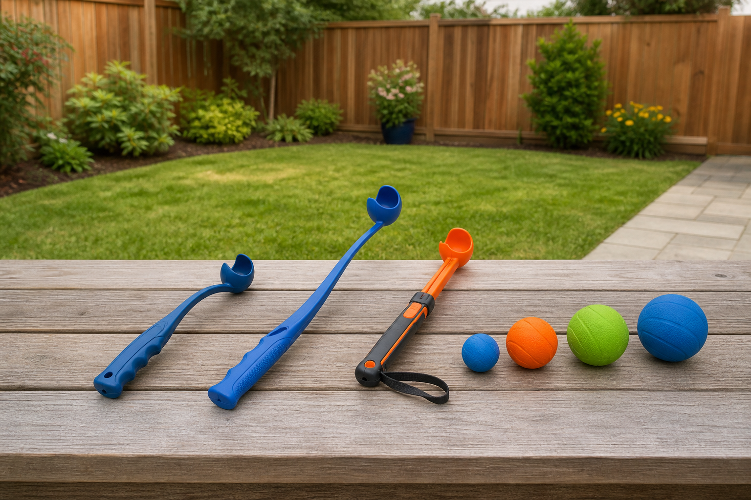 A short scoop launcher, medium-length scoop launcher, compact adjustable manual launcher, and several ball sizes beside a small fenced yard