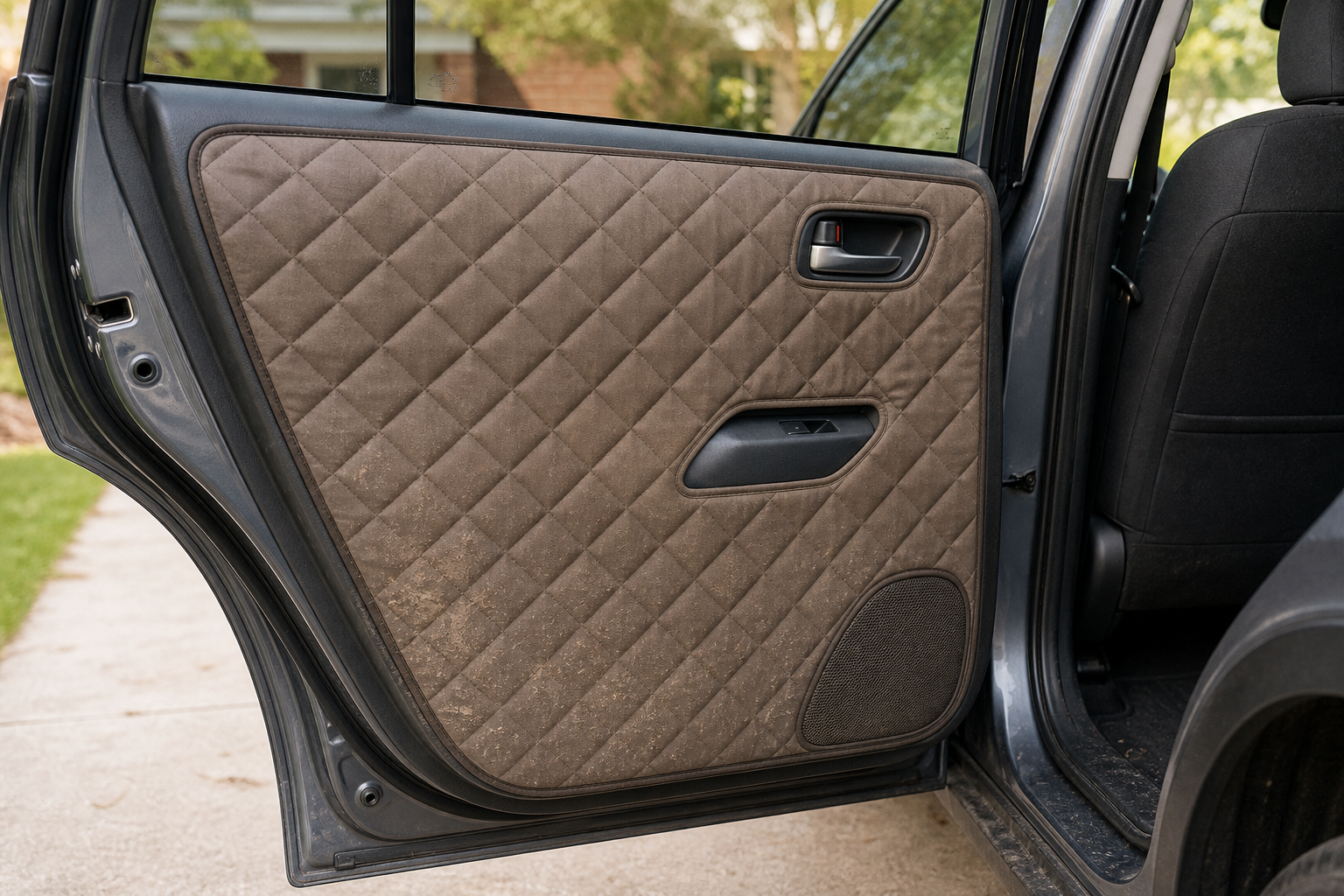 Generic fitted washable quilted protector shaped around a rear car door handle, window switch, and speaker