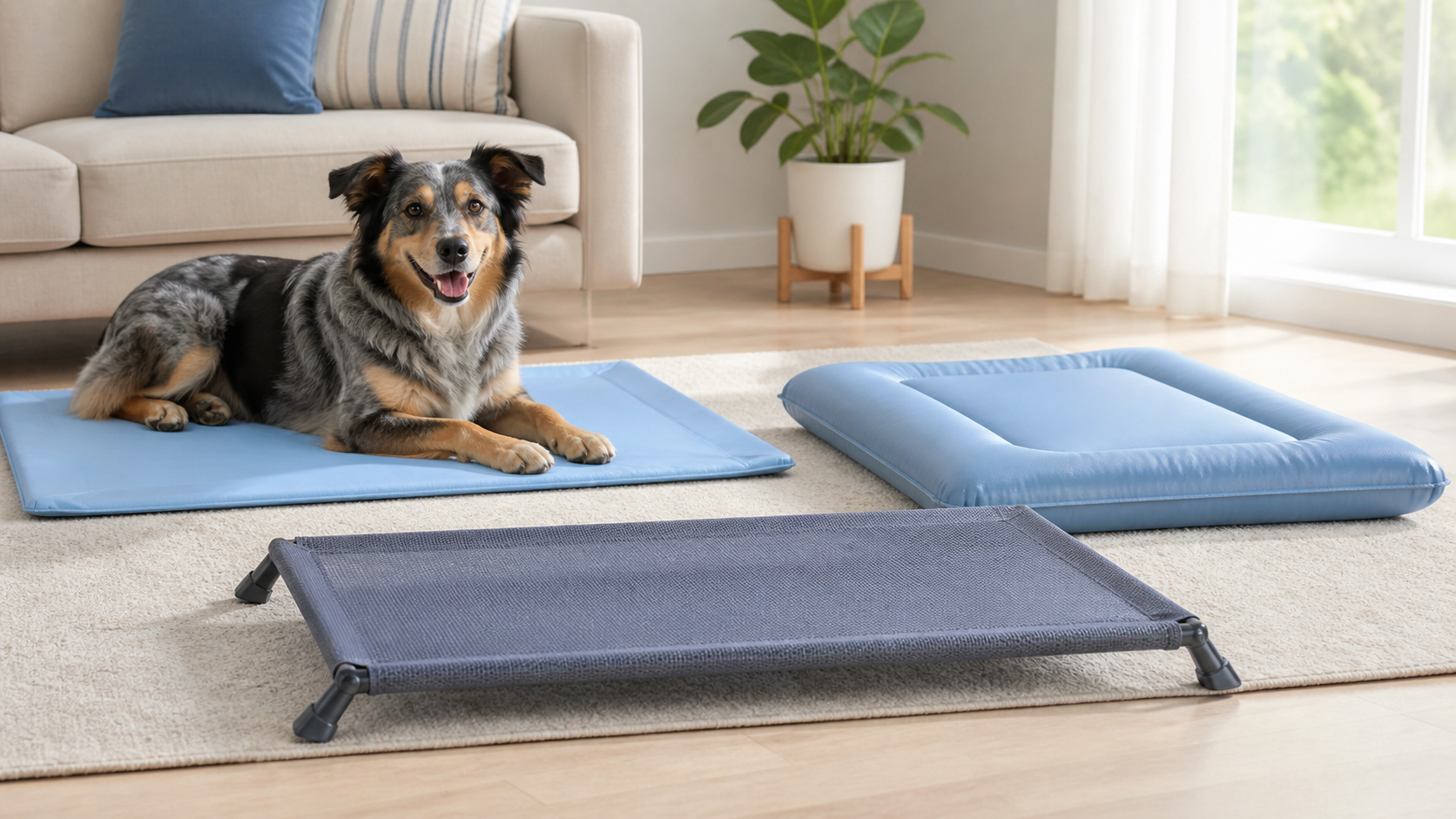 A dog beside a slim gel-style mat, cushioned water-fill pad, and raised mesh cooling cot in a shaded indoor room.