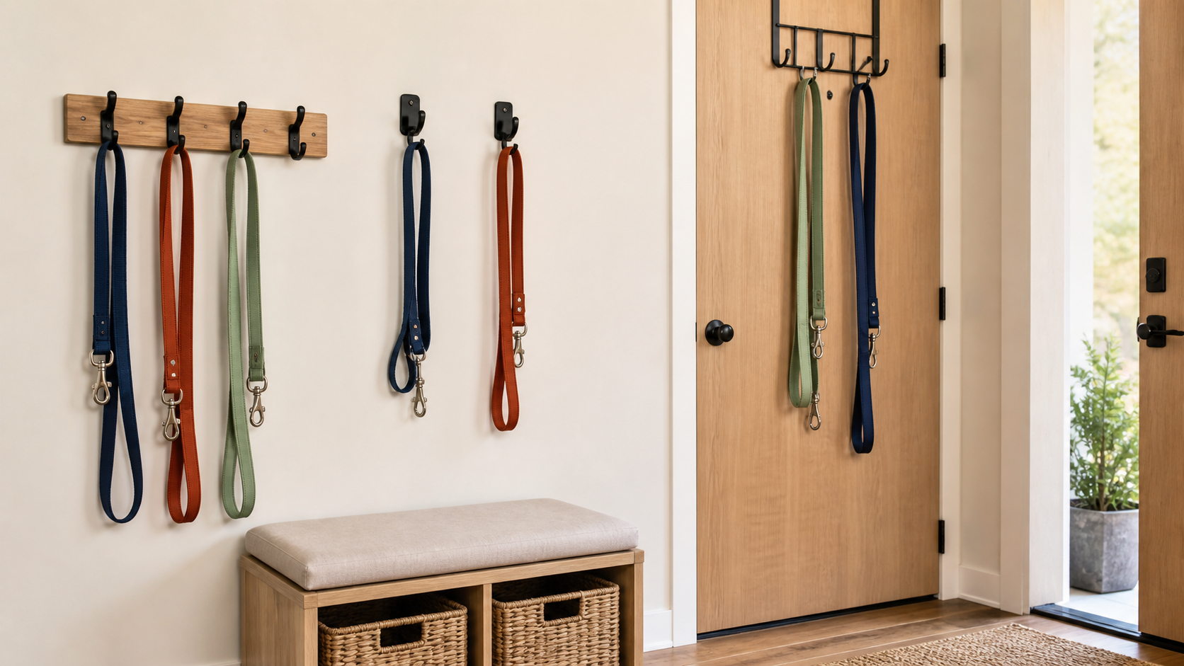 A compact wall hook rail, two individual hooks, and an over-door rack holding dog leashes in a bright small entryway.