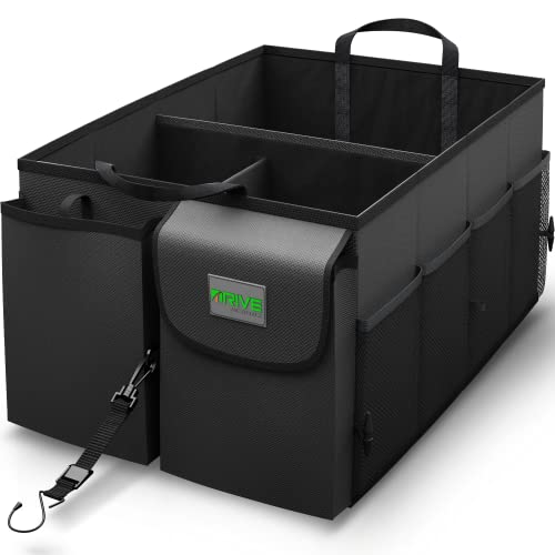 DRIVE Auto Products collapsible trunk organizer with divided compartments for towels, waste bags, wipes, and dog outing supplies