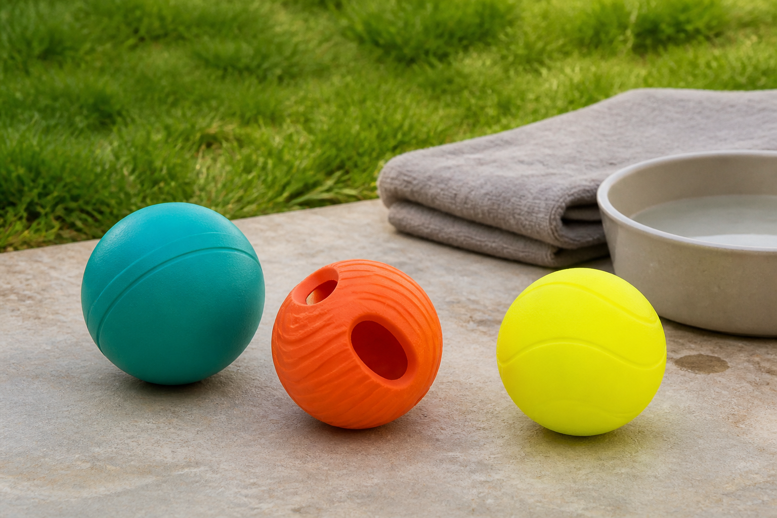 A solid smooth rubber ball, hollow textured rubber ball, and bright floating fetch ball arranged beside grass, a towel, and a rinse bowl