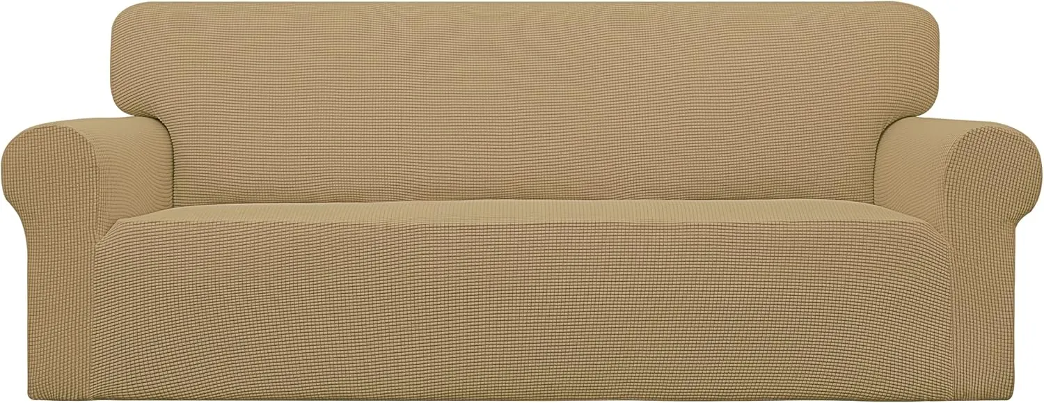 Easy-Going one-piece stretch sofa slipcover fitted over the seat, back, and rounded arms of a sofa