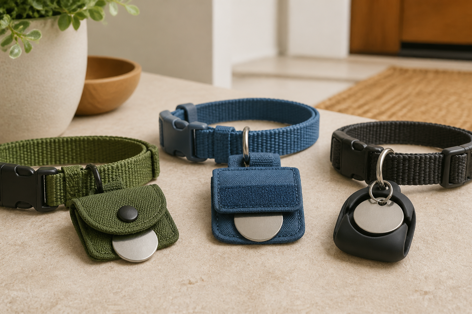 Generic fabric and silicone pet ID tag pouches attached to olive, blue, and charcoal collars