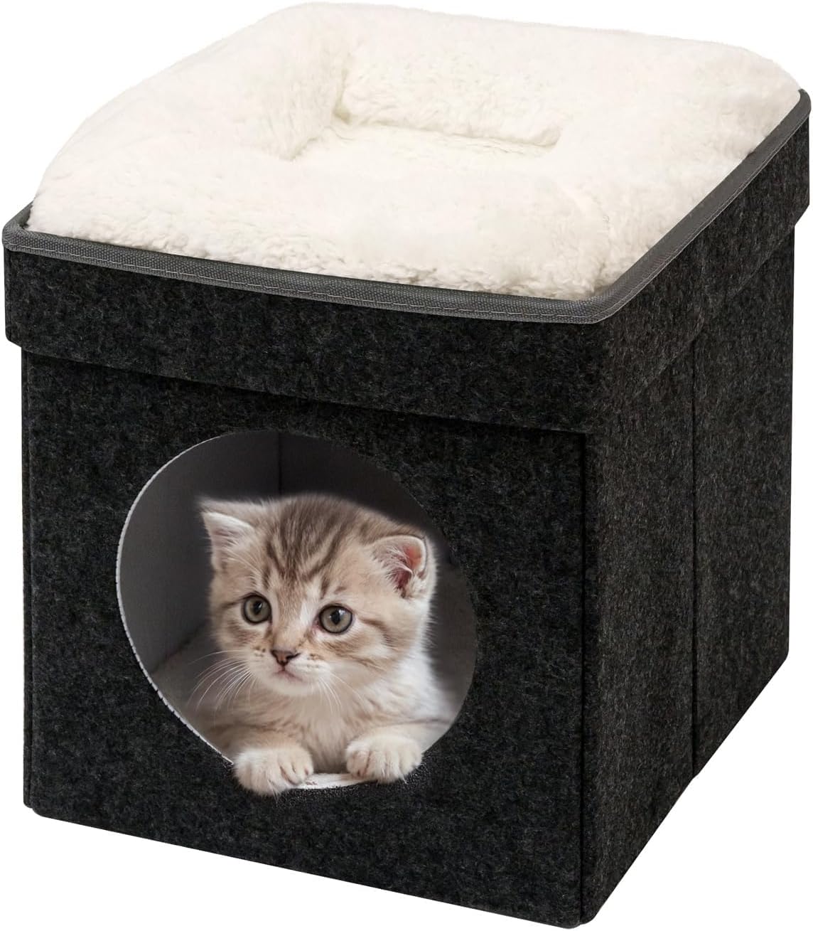 B FSOBEIIALEO dark gray structured cat house cube with round opening and removable bed product image