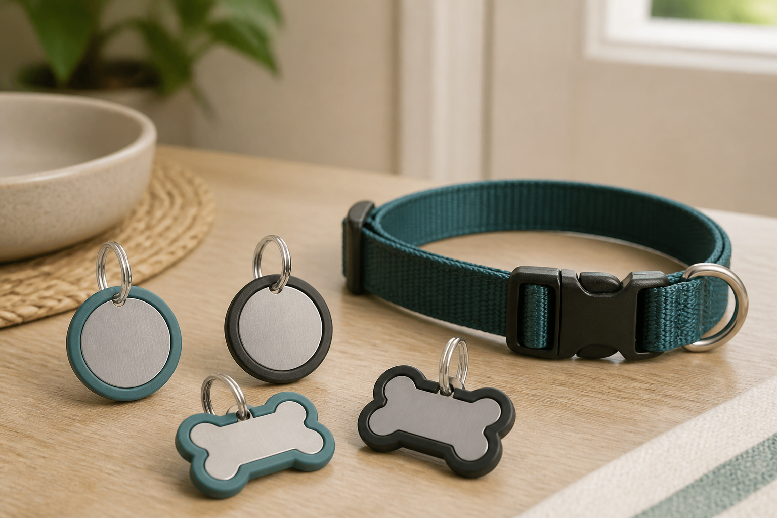 Generic silicone silencers fitted around blank round and bone-shaped pet ID tags beside a flat nylon collar