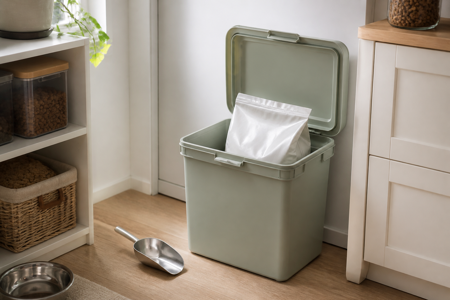 Open airtight pet food storage bin with the sealed original dry-food bag kept inside in a compact kitchen
