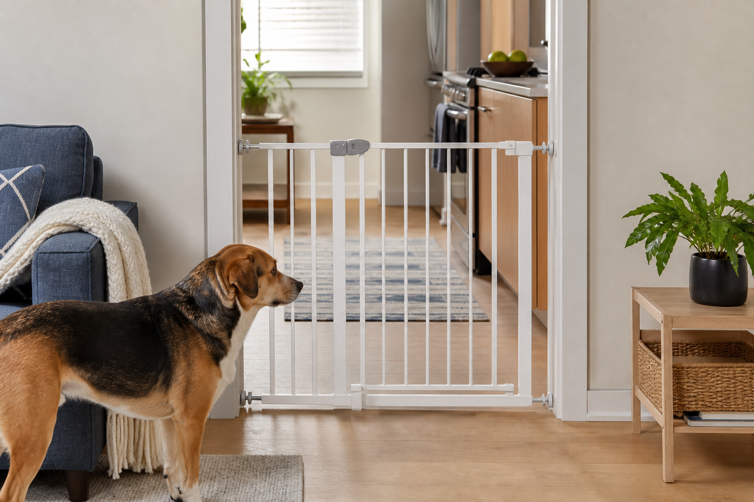A pressure-mounted walk-through pet gate installed across a kitchen doorway in a small apartment with a dog waiting nearby