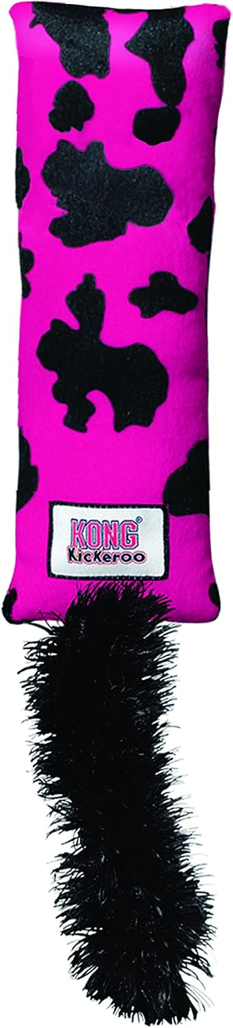 Pink and black KONG Kickeroo plush catnip toy with a fluffy tail