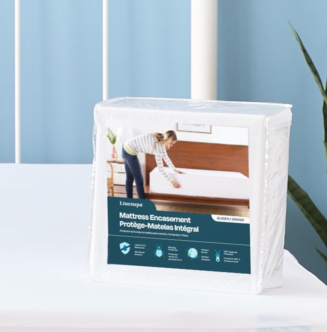 Linenspa white zippered waterproof mattress encasement showing full mattress coverage