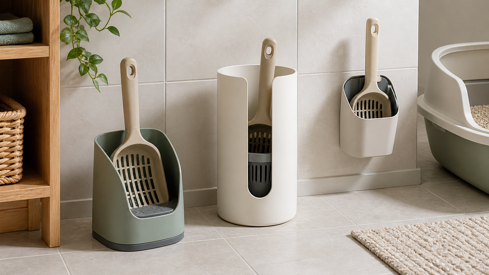 Three unbranded litter scoop storage formats: an open freestanding caddy, enclosed floor canister, and wall-mounted holder beside a clean litter area