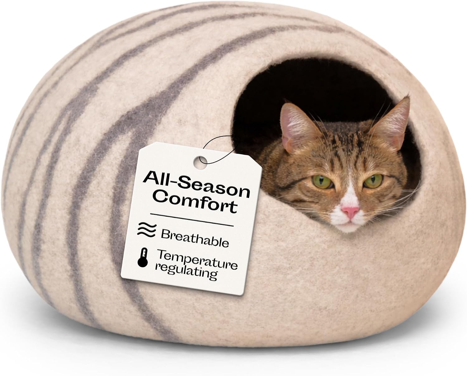Striped beige MEOWFIA wool felt cat cave with a rounded opening and low-profile pod shape for an open living room