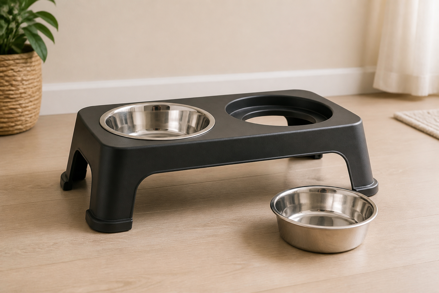 Generic low pet bowl stand with one stainless steel insert seated and a second removable insert beside it