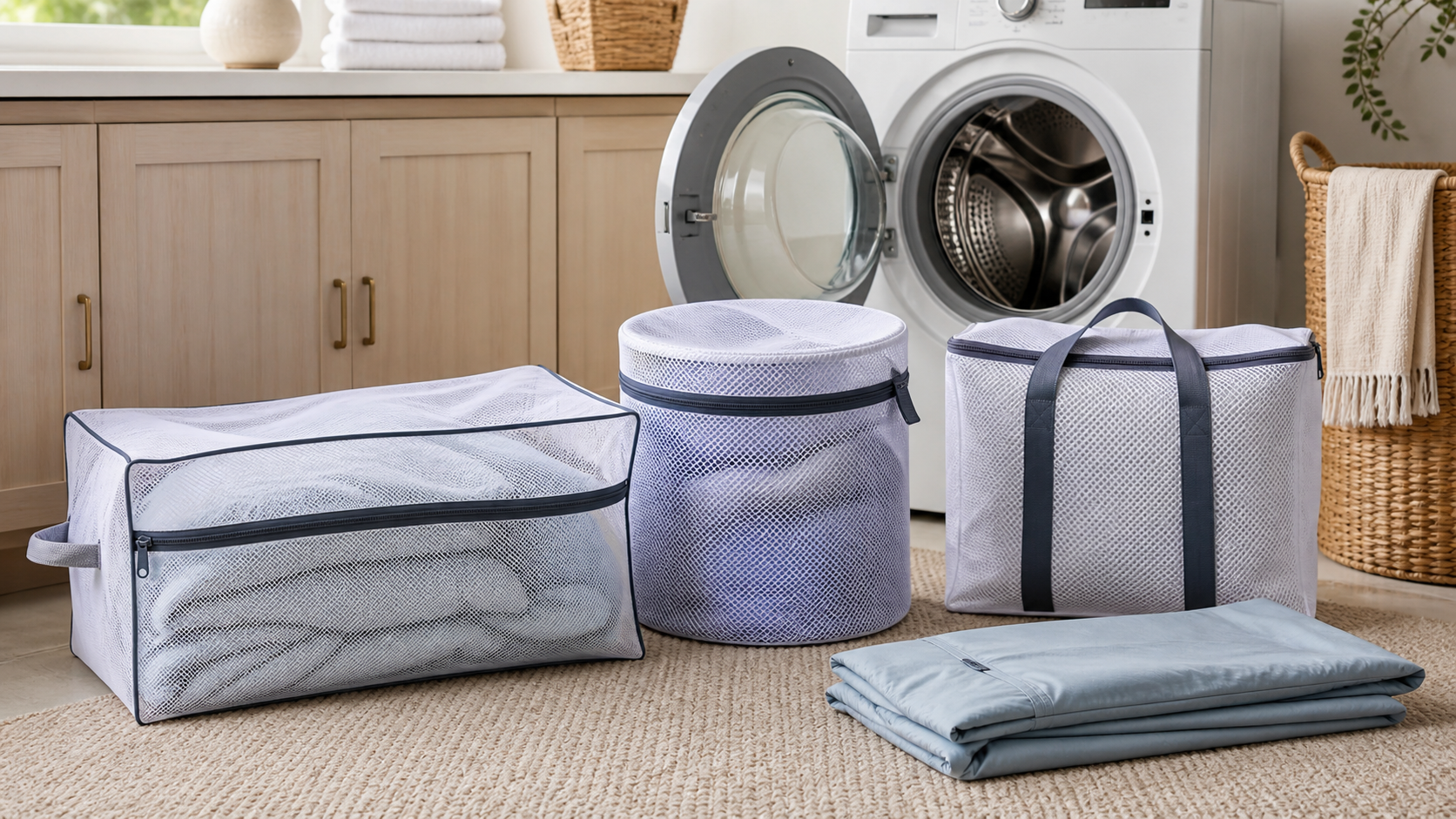 Three large mesh laundry bag formats beside a front-loading washer and a folded removable pet bed cover.