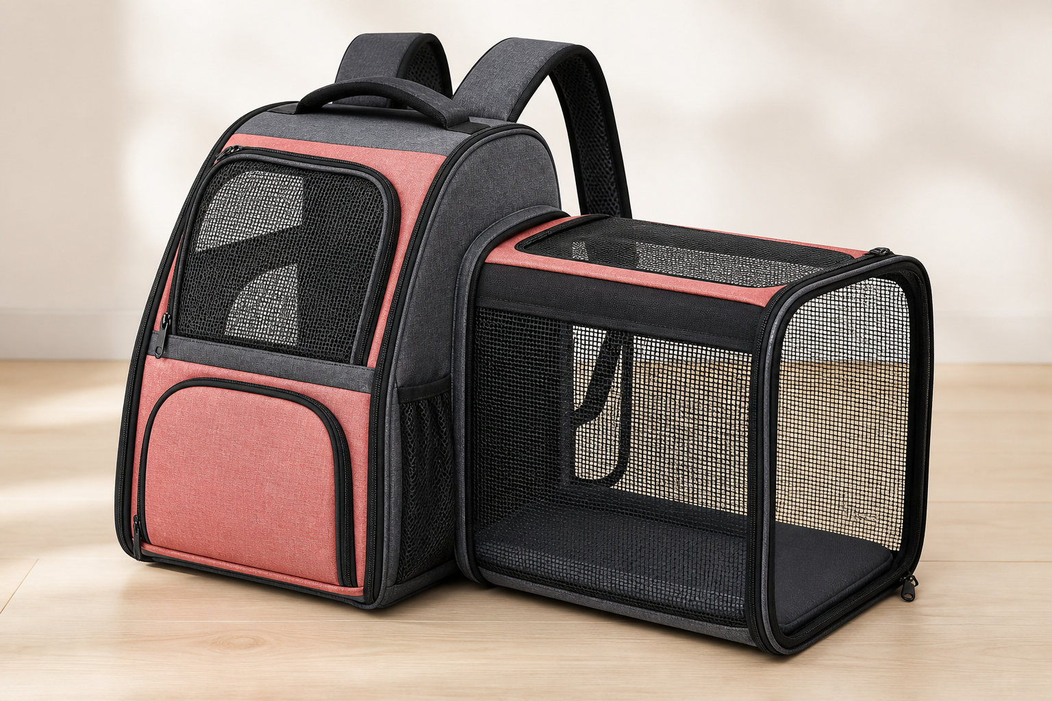 Generic charcoal and coral pet carrier backpack with a ventilated side expansion unfolded