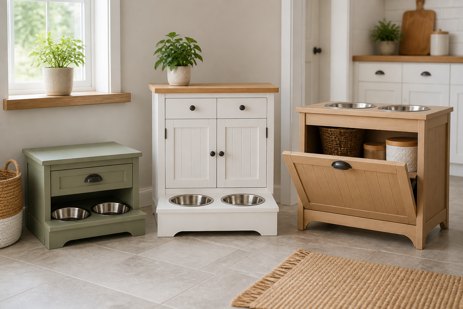 Three unbranded pet feeding stations showing a shallow drawer, enclosed cabinet, and tilt-out storage with removable metal bowls