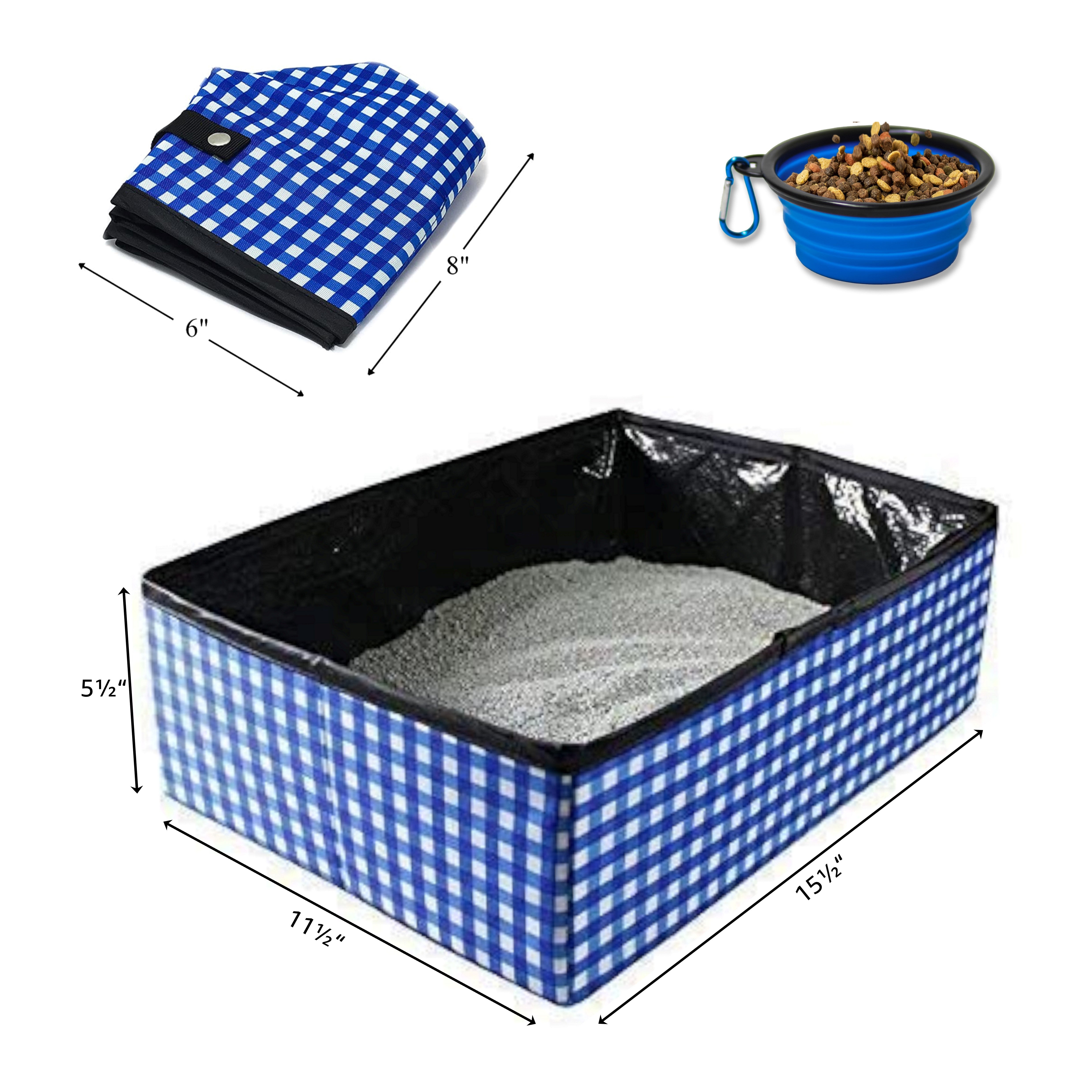 Pet Fit For Life portable litter box shown open with litter, folded to its packed shape, and beside the included collapsible bowl