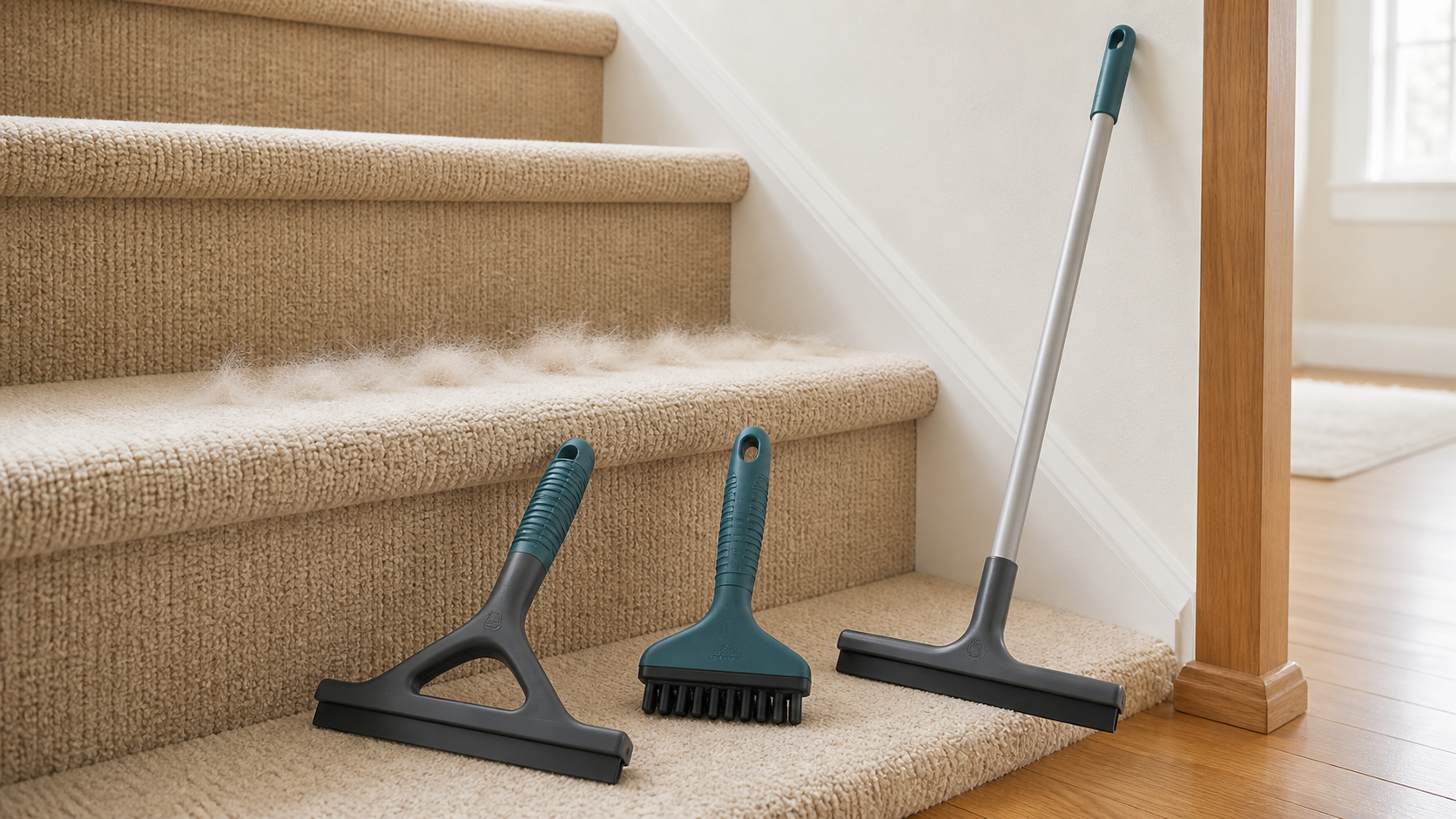 A handheld rubber-blade squeegee, rubber detail brush, and long-handled squeegee arranged beside carpeted stairs with loose pet fur gathered on one tread