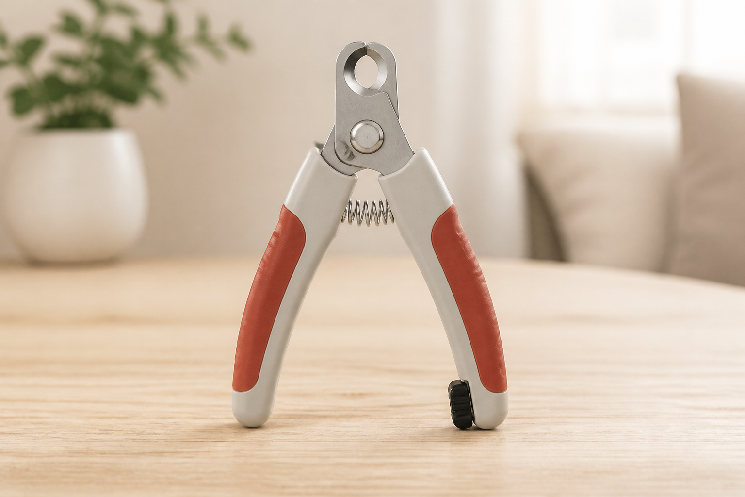 Generic guillotine-style pet nail clippers with a circular nail opening, spring handles, and a locking latch