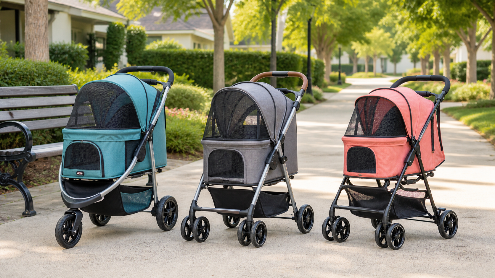 Three unbranded enclosed pet stroller formats—a three-wheel model and two compact four-wheel models—parked on a smooth neighborhood path