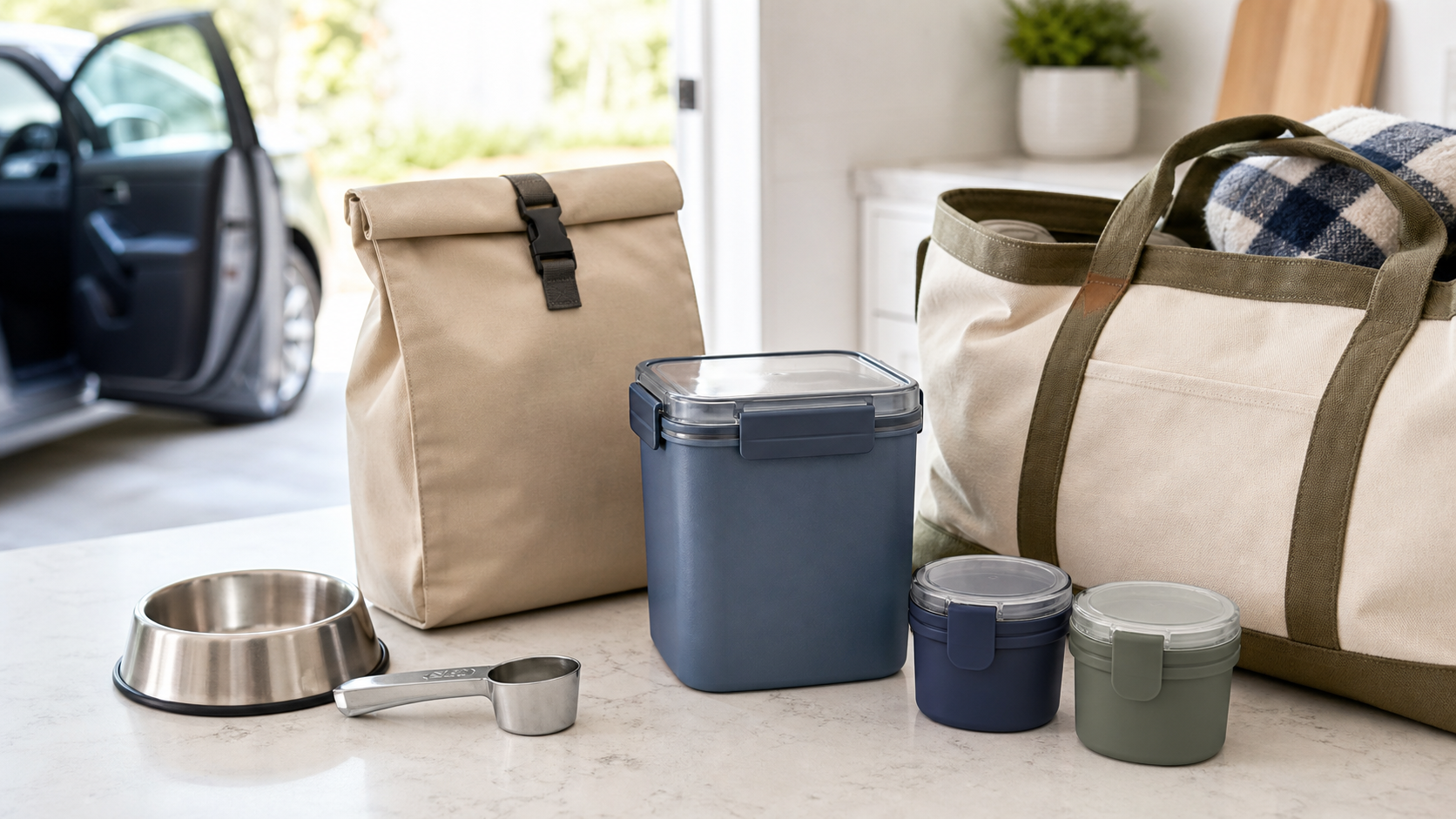 Unbranded roll-top travel pet food bag packed for a weekend trip