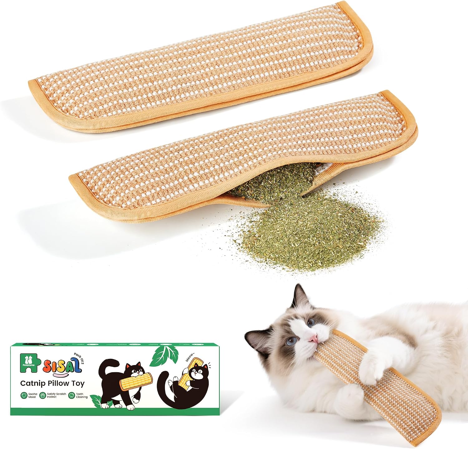 Potaroma pair of long sisal catnip kicker toys made for supervised grabbing and bunny-kicking