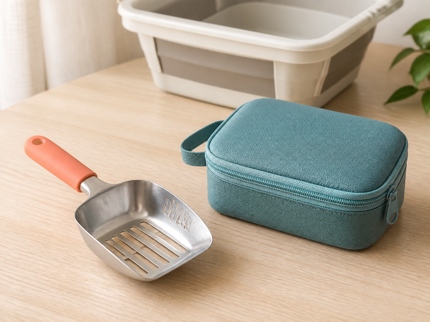 Unbranded compact stainless-steel slotted litter scoop with a short coral handle and teal carry case