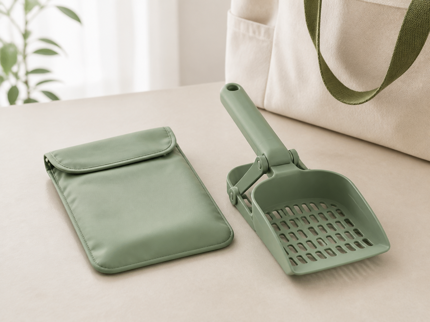 Unbranded folding slotted litter scoop beside a wipe-clean travel sleeve