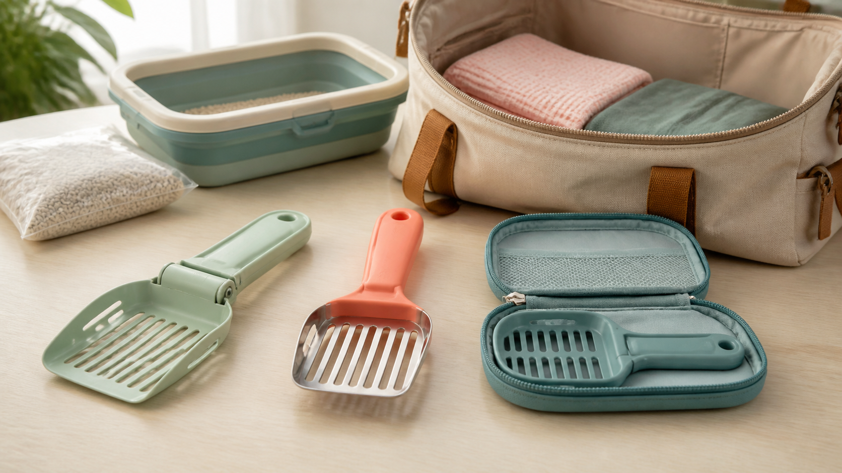 Three unbranded travel litter scoop formats—a folding scoop, compact metal scoop, and cased mini scoop—packed beside a portable litter box
