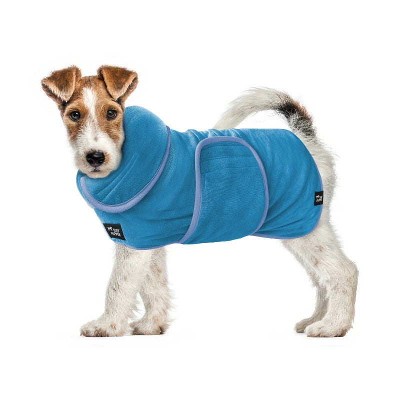 Blue Tuff Pupper absorbent dog bath robe fitted around a dog's body for post-walk drying