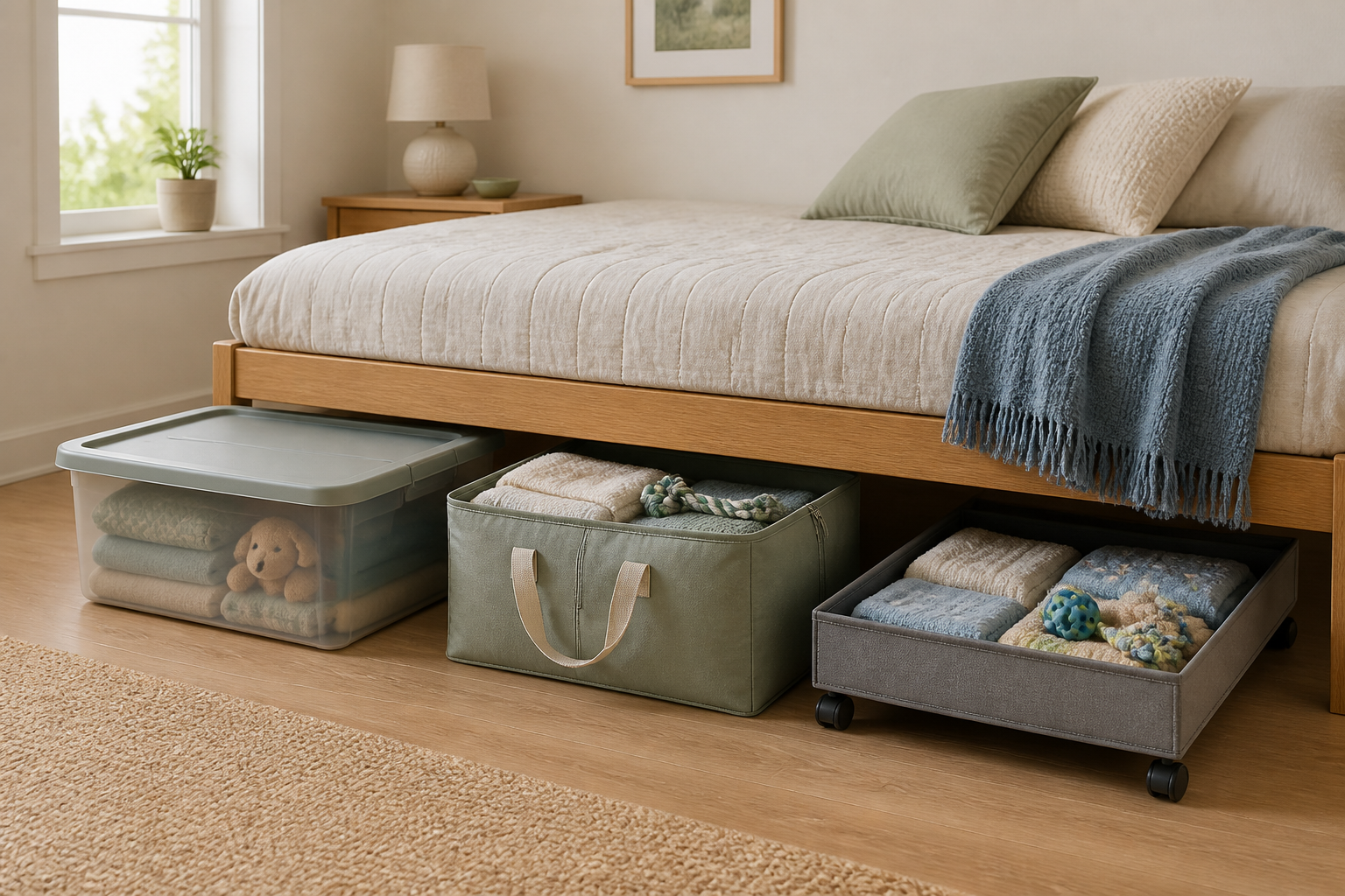 Three under-bed storage formats for clean pet supplies: a rigid lidded bin, zippered fabric bag, and shallow rolling drawer.