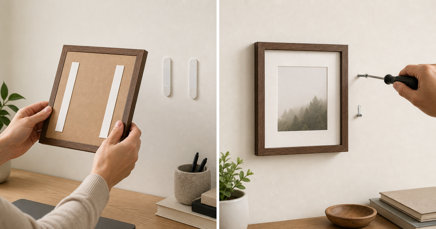 Lightweight framed sign with adhesive strips beside a framed sign installed with screw hardware
