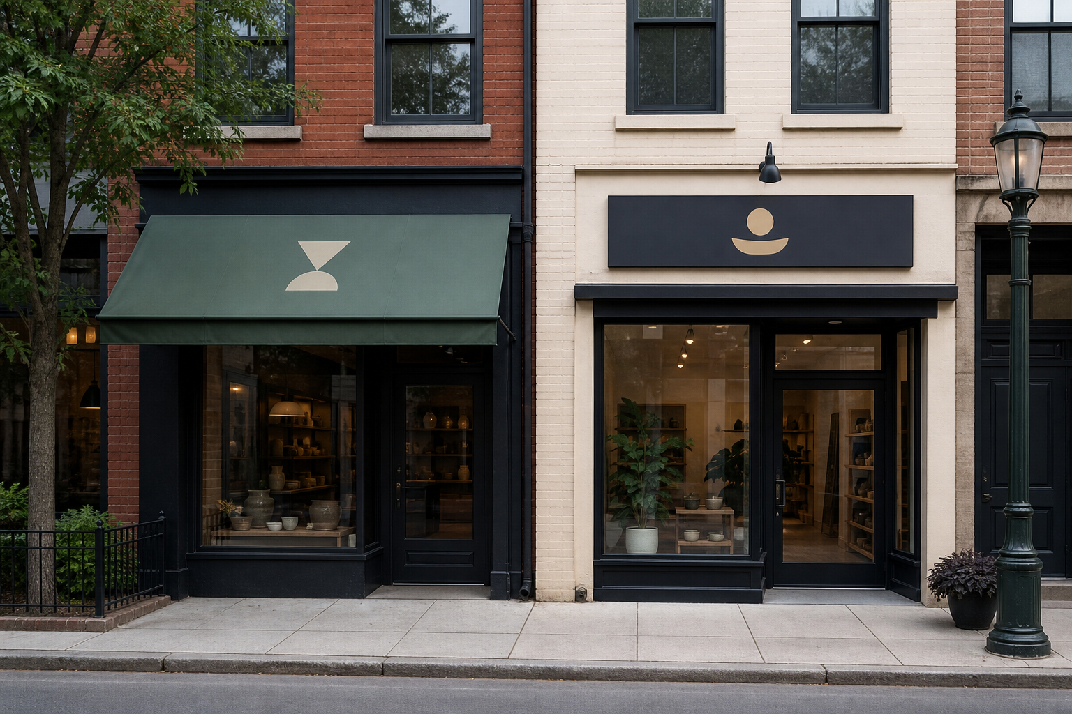 Adjacent storefronts comparing a projecting fabric awning sign with a flat wall-mounted sign panel