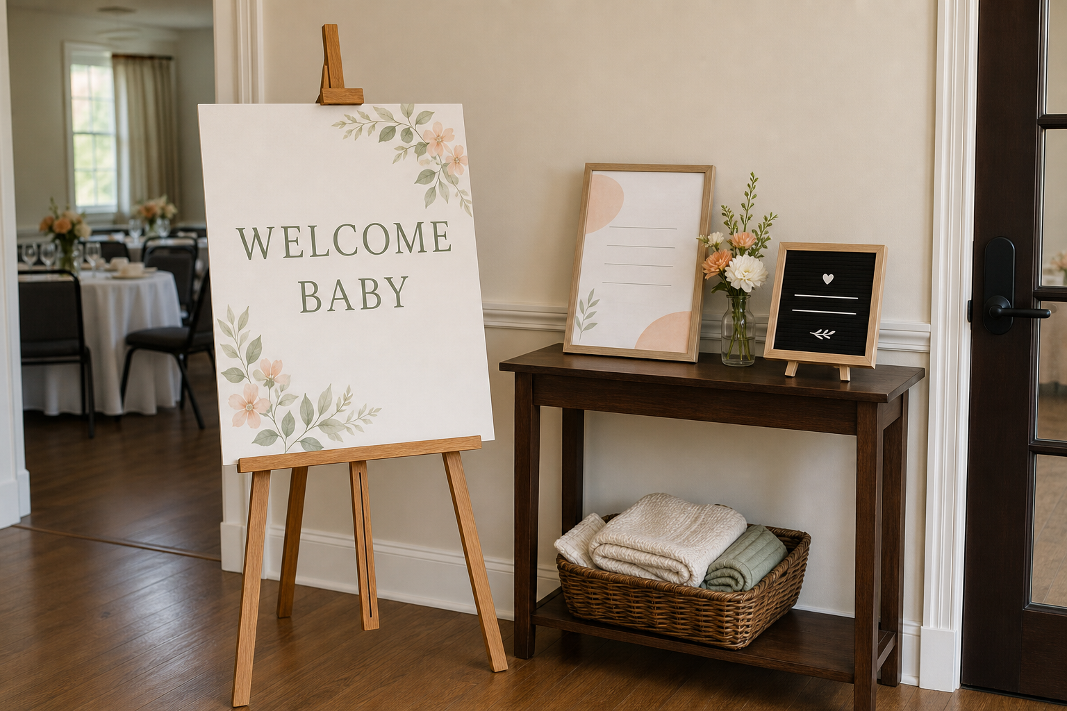 Medium rigid welcome board on a floor easel beside an open venue path