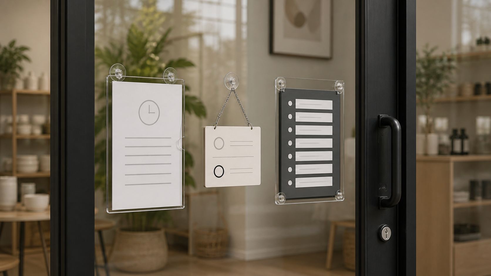 Replaceable printed business-hours insert displayed in a clear glass-door holder