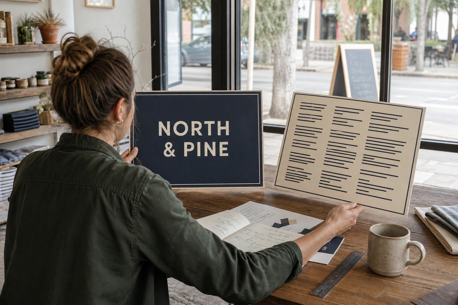 Shop owner comparing a short business-name sign mockup with a crowded multi-line sign mockup