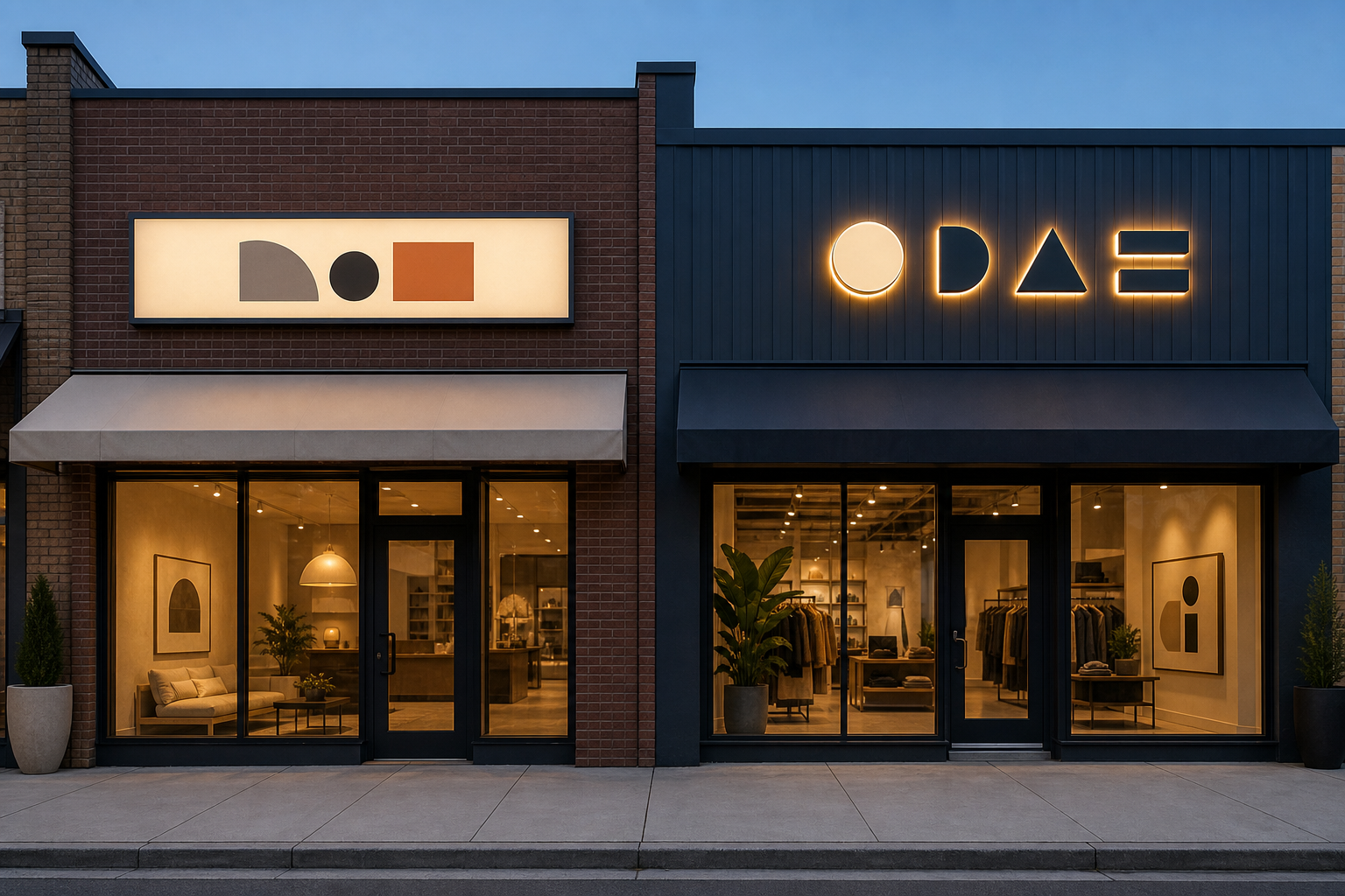 Two neighboring storefronts comparing an illuminated rectangular cabinet sign with individually mounted illuminated channel-letter forms