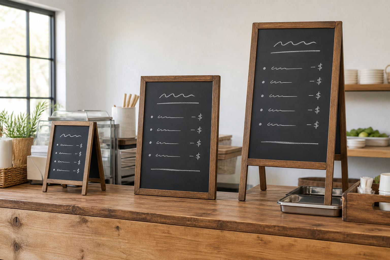 Tabletop, upright, and easel chalkboard signs showing reusable message formats on an indoor counter