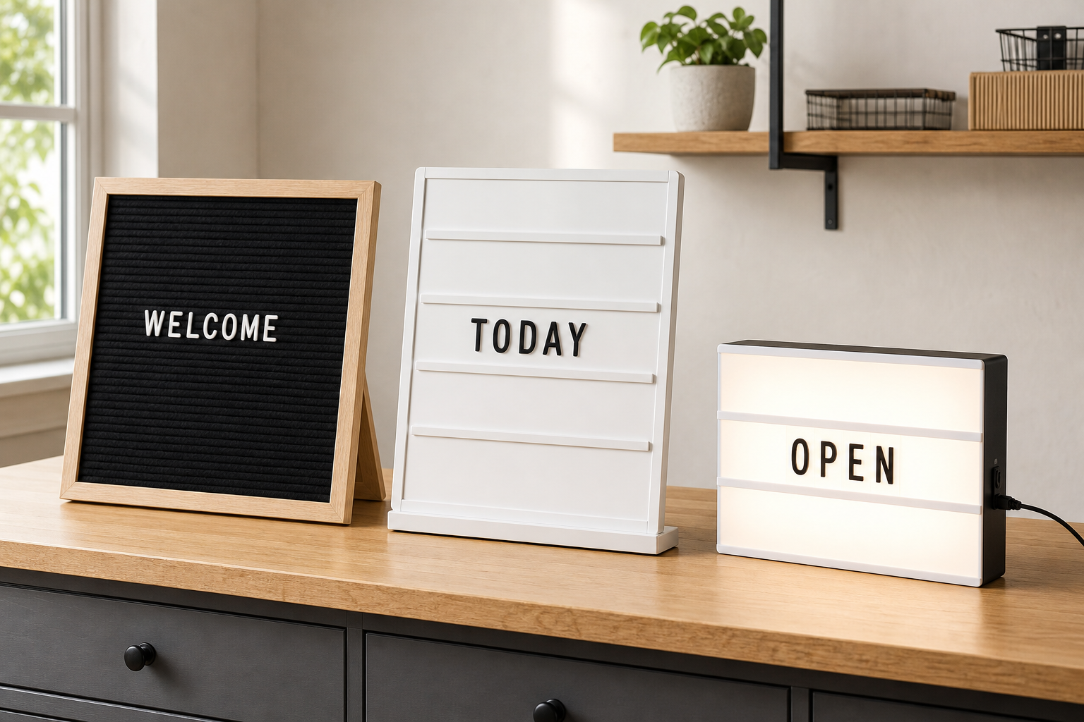 Felt, magnetic, and illuminated changeable letter boards compared on a counter for footprint and readability