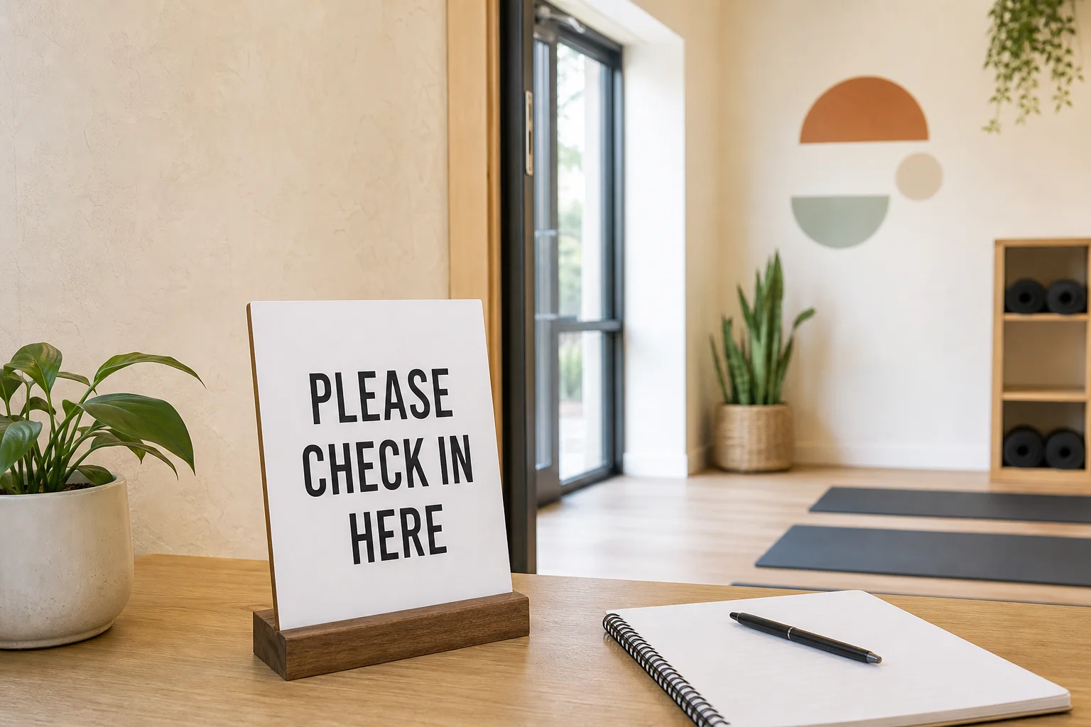 Replaceable tabletop check-in sign positioned by the entrance to a small studio