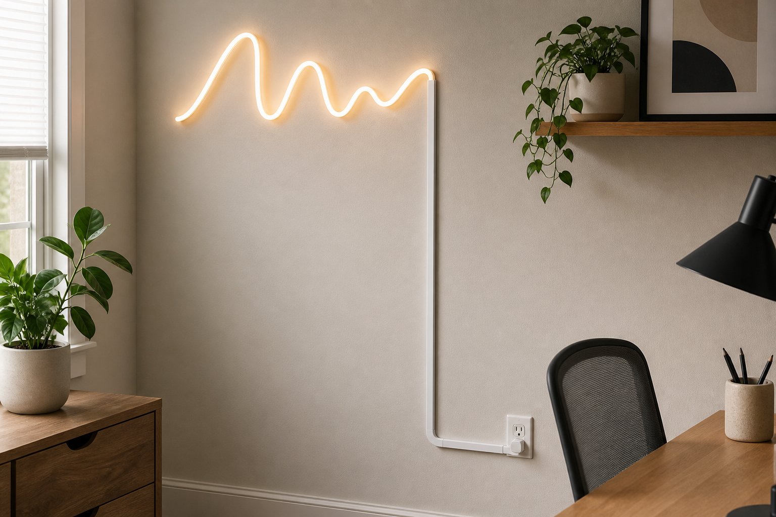 White surface-mounted cord cover routing a wall-mounted LED sign cable around a corner to a nearby outlet