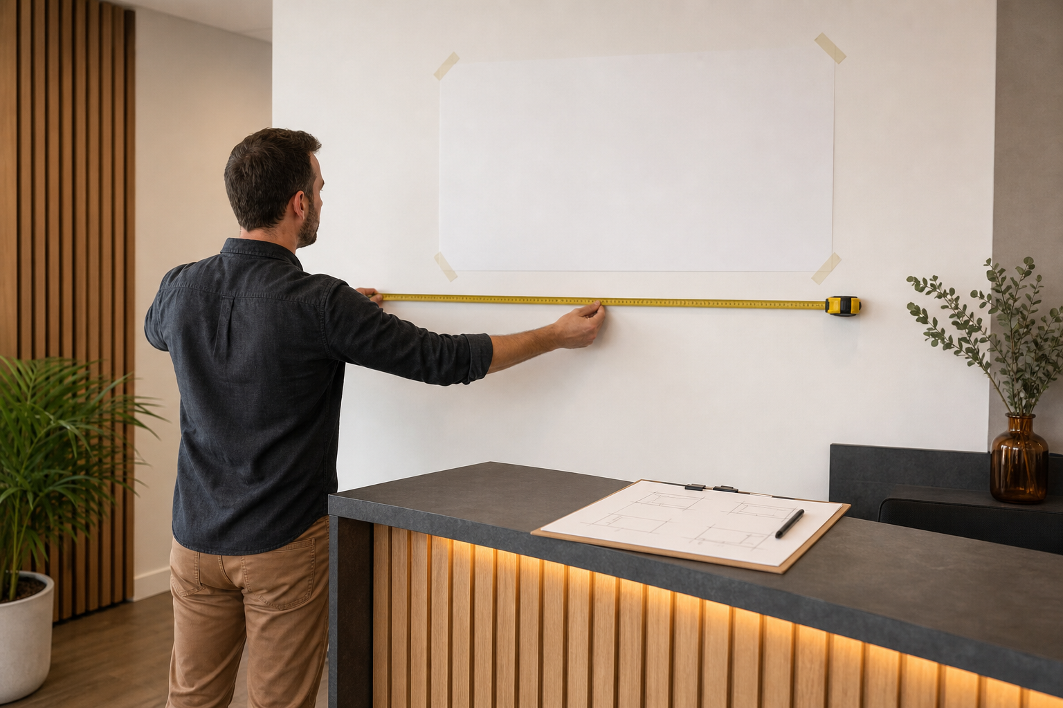 Business owner measuring a reception wall around a paper sign mockup before requesting a custom sign