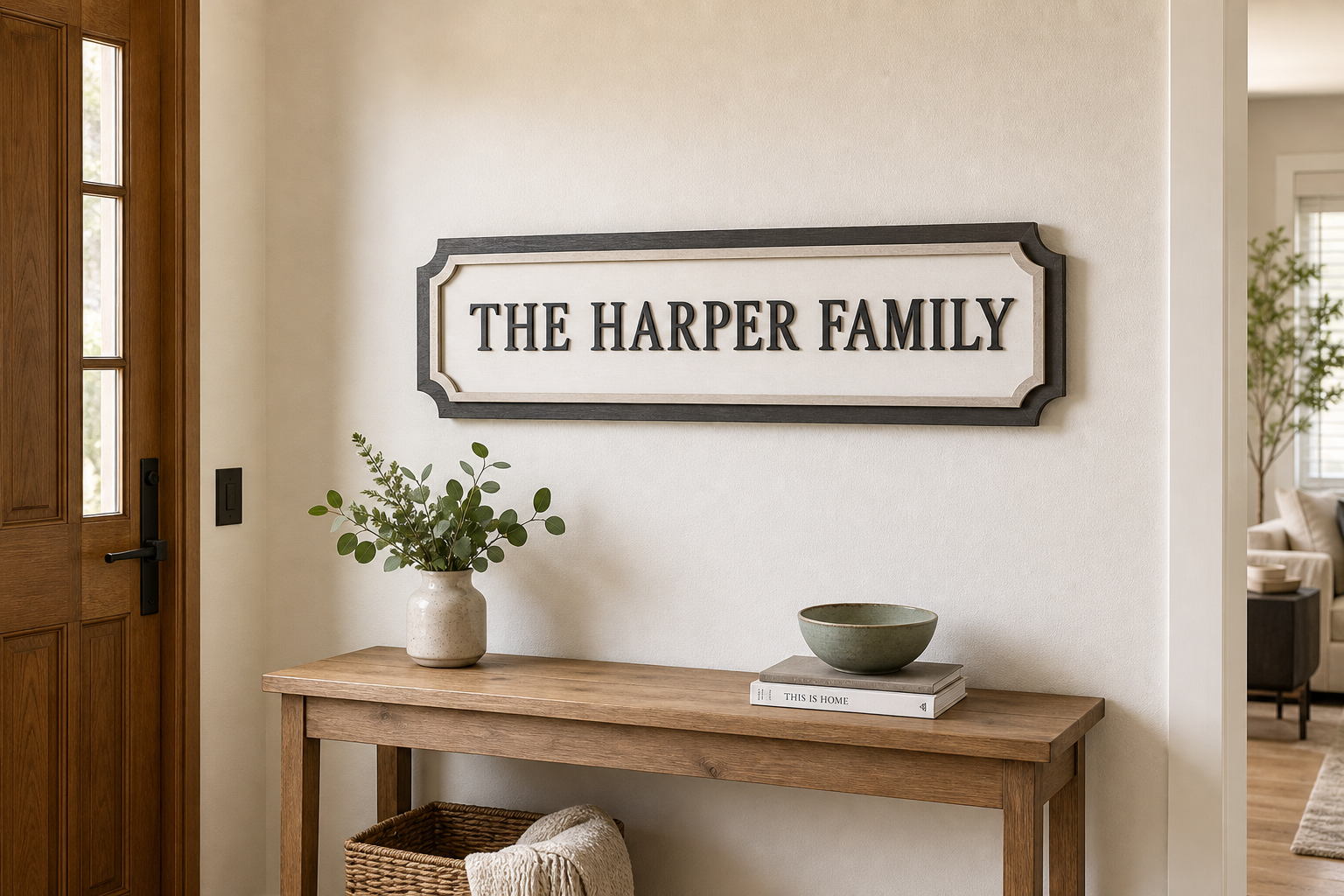Wide framed family name sign with open wall around its edges
