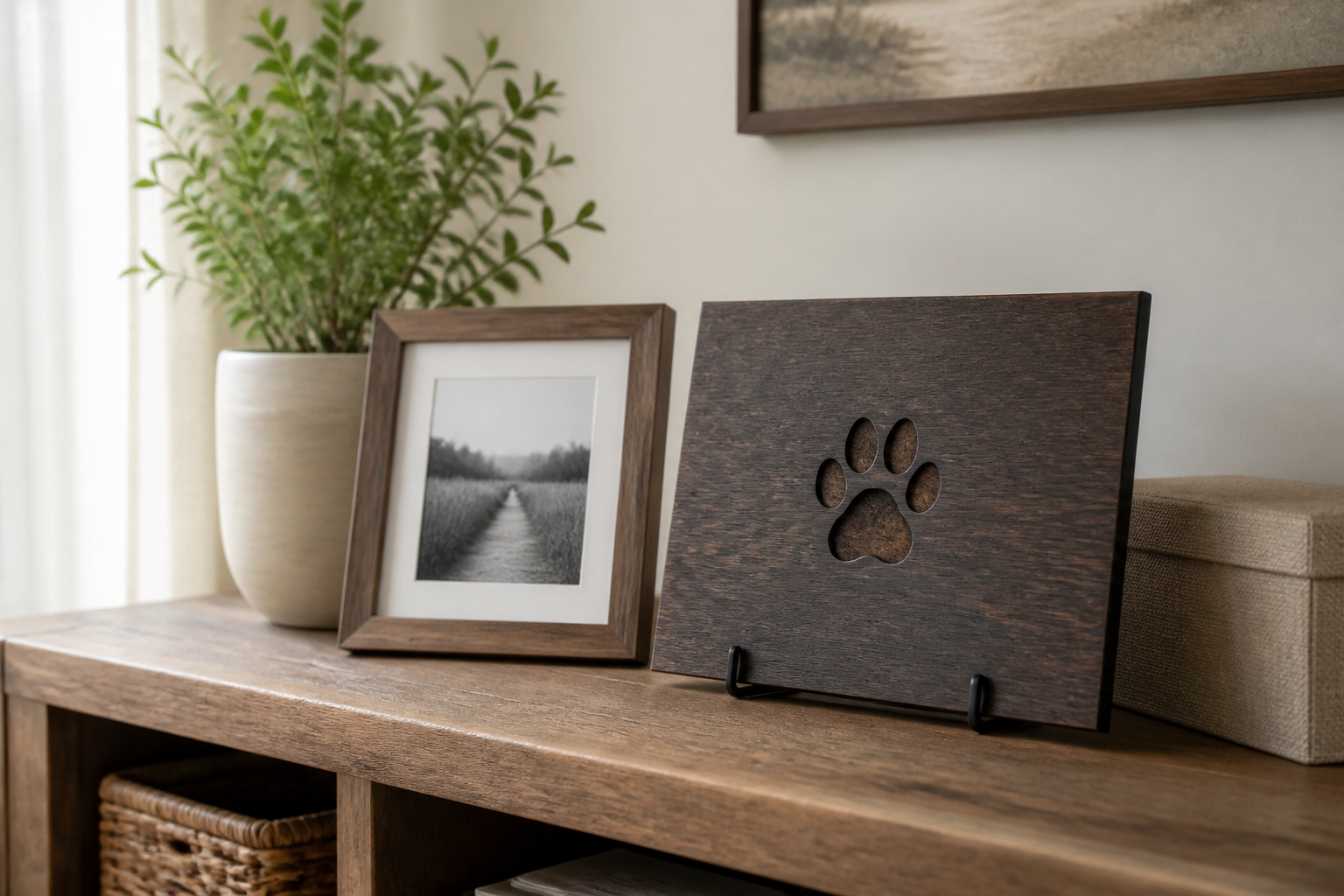 Wood pet memorial plaque with a paw symbol displayed beside a framed photo on a living-room shelf