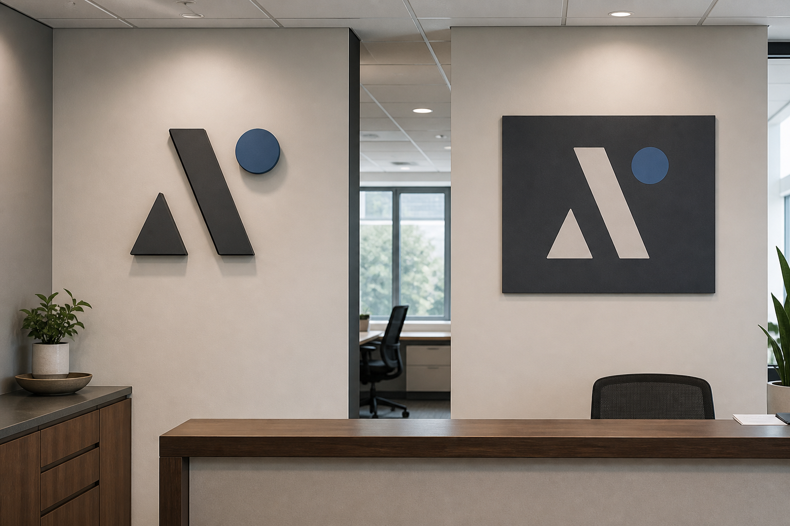 Reception wall comparing separate dimensional logo shapes with the same shapes arranged on a flat panel