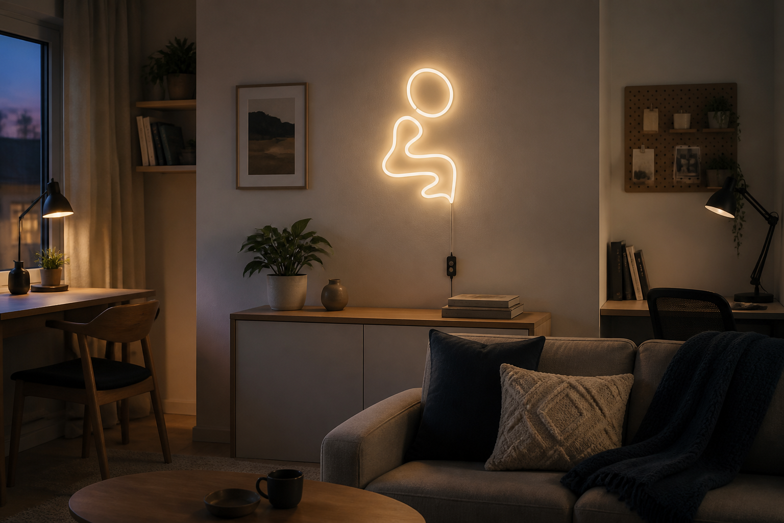 Warm-white LED wall sign with a visible inline dimmer in a shared room with two work areas and a sofa
