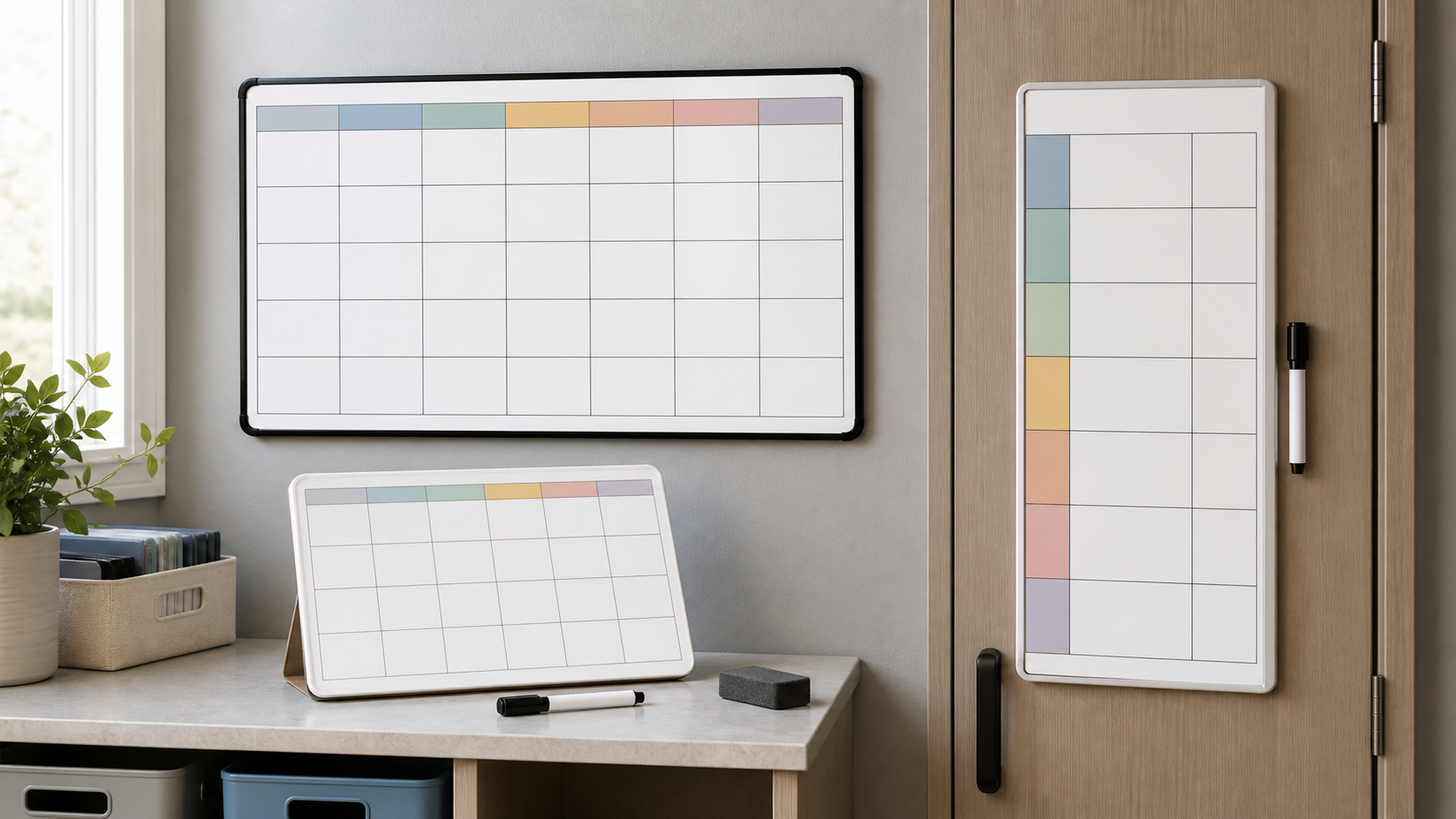 Wall, tabletop, and narrow dry-erase boards illustrating reusable schedule formats