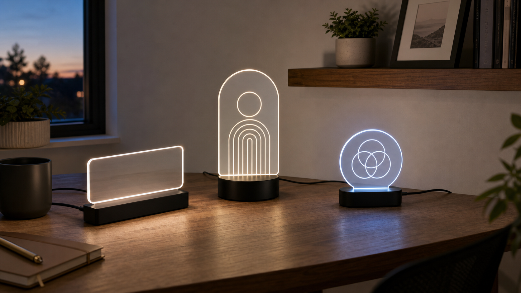 Three generic edge-lit acrylic signs showing different panel shapes, base footprints, glow colors, and cord routes on a desk